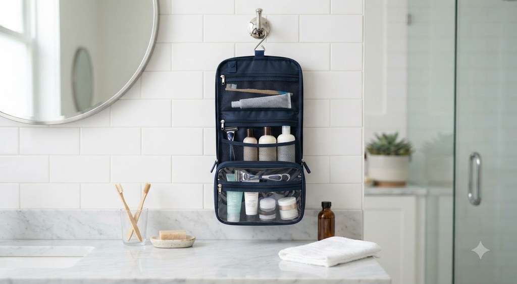 Hand reaching into a toiletry bag filled with bottles