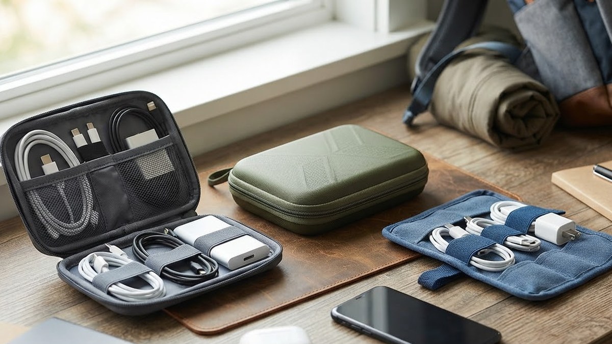 Three tech organizer cases open on a desk beside a window