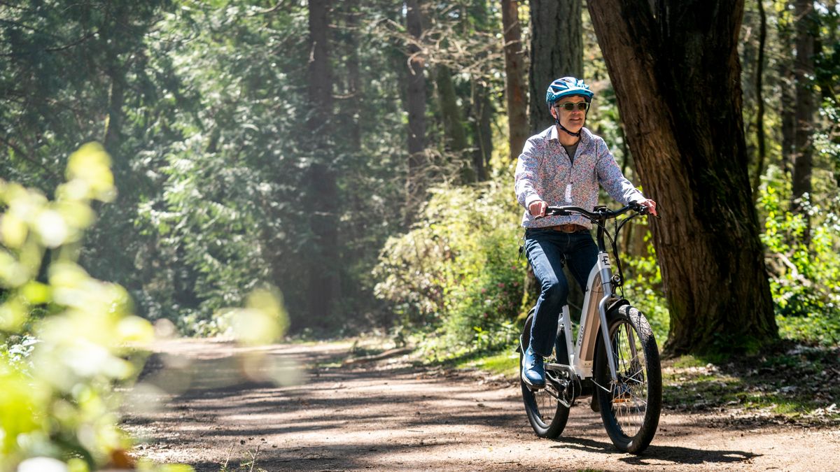 Cyclist riding an electric bike along a forest trail